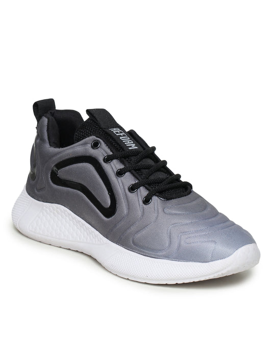 Grey Solid Fabric Lace Up Running Sport Shoes For Men