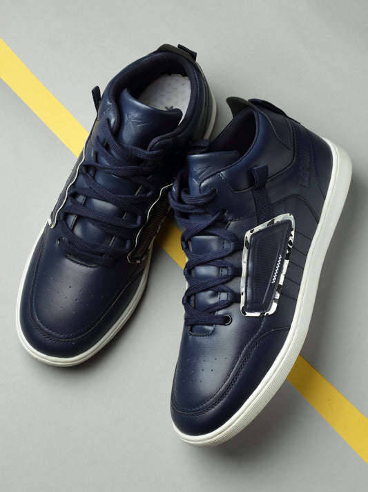 REFOAM Men's Navy Synthetic Leather Lace-Up Mid-Top Casual Sneaker