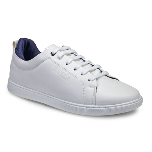 Load image into Gallery viewer, White &amp; Navy Solid Synthetic Leather &amp; Comfort Foam Lace Up Sneakers For Men
