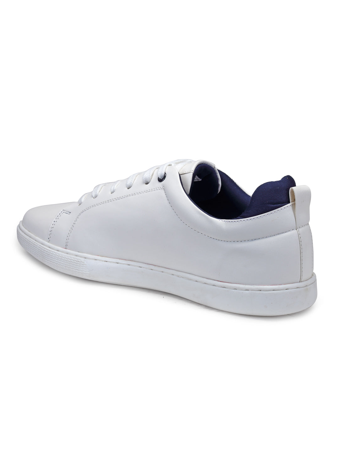 White & Navy Solid Synthetic Leather & Comfort Foam Lace Up Sneakers For Men