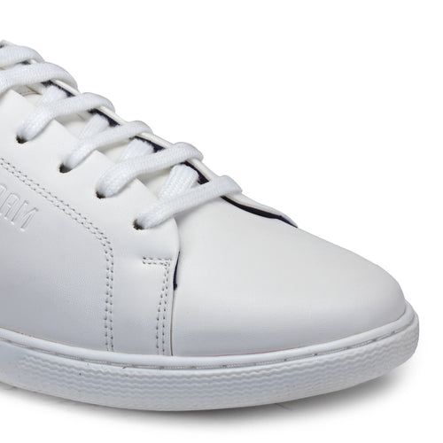 Load image into Gallery viewer, White &amp; Navy Solid Synthetic Leather &amp; Comfort Foam Lace Up Sneakers For Men
