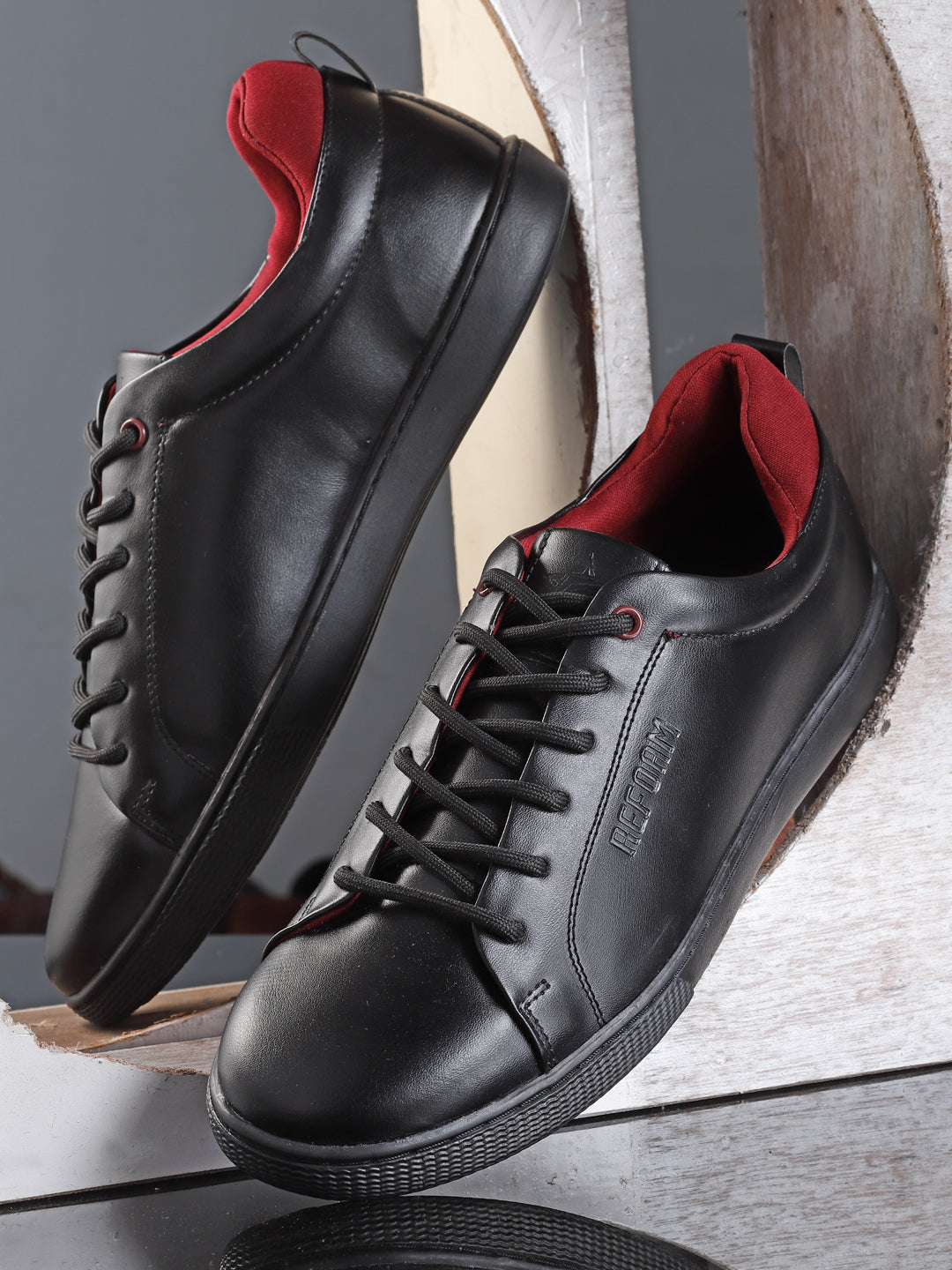 Black Solid Synthetic Leather & Comfort Foam Lace Up Sneakers For Men