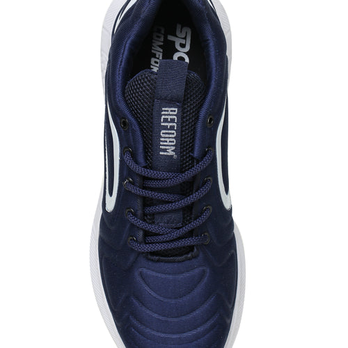 Load image into Gallery viewer, Navy Blue Solid Fabric Lace Up Running Sport Shoes For Men
