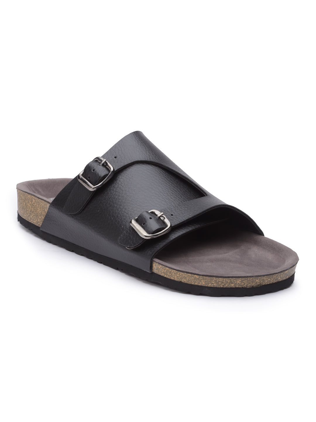 REFOAM Men's Black Synthetic Leather Slip On Casual Sandals