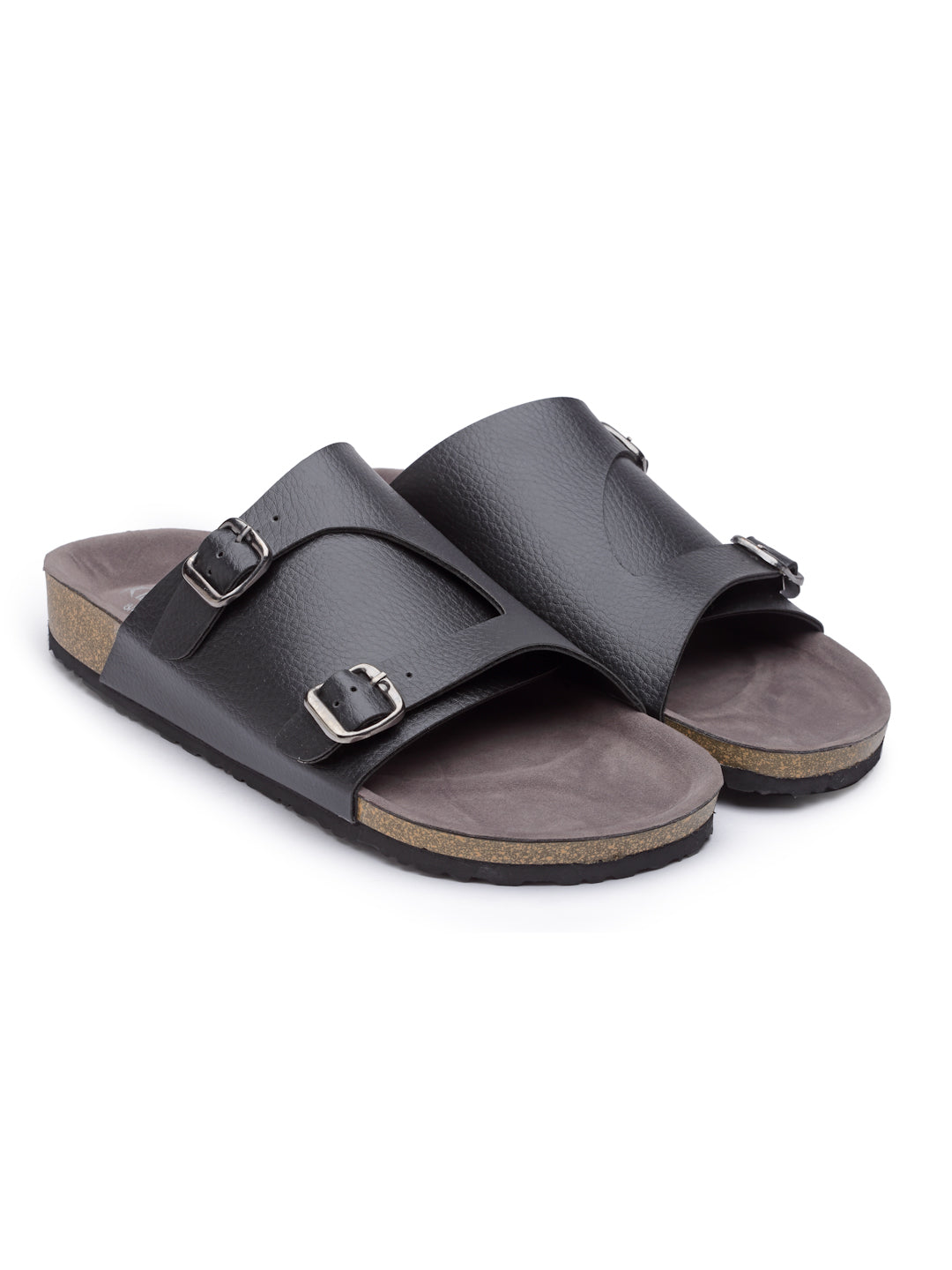 REFOAM Men's Black Synthetic Leather Slip On Casual Sandals