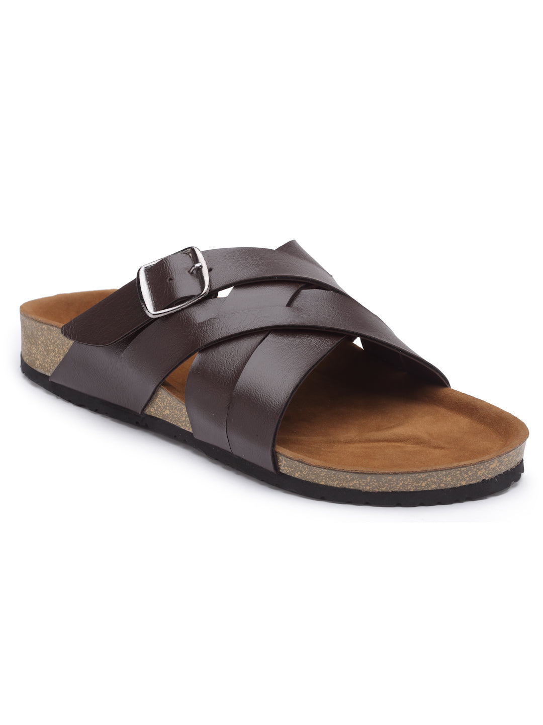 REFOAM Men's Brown Synthetic Leather Slip On Casual Sandals