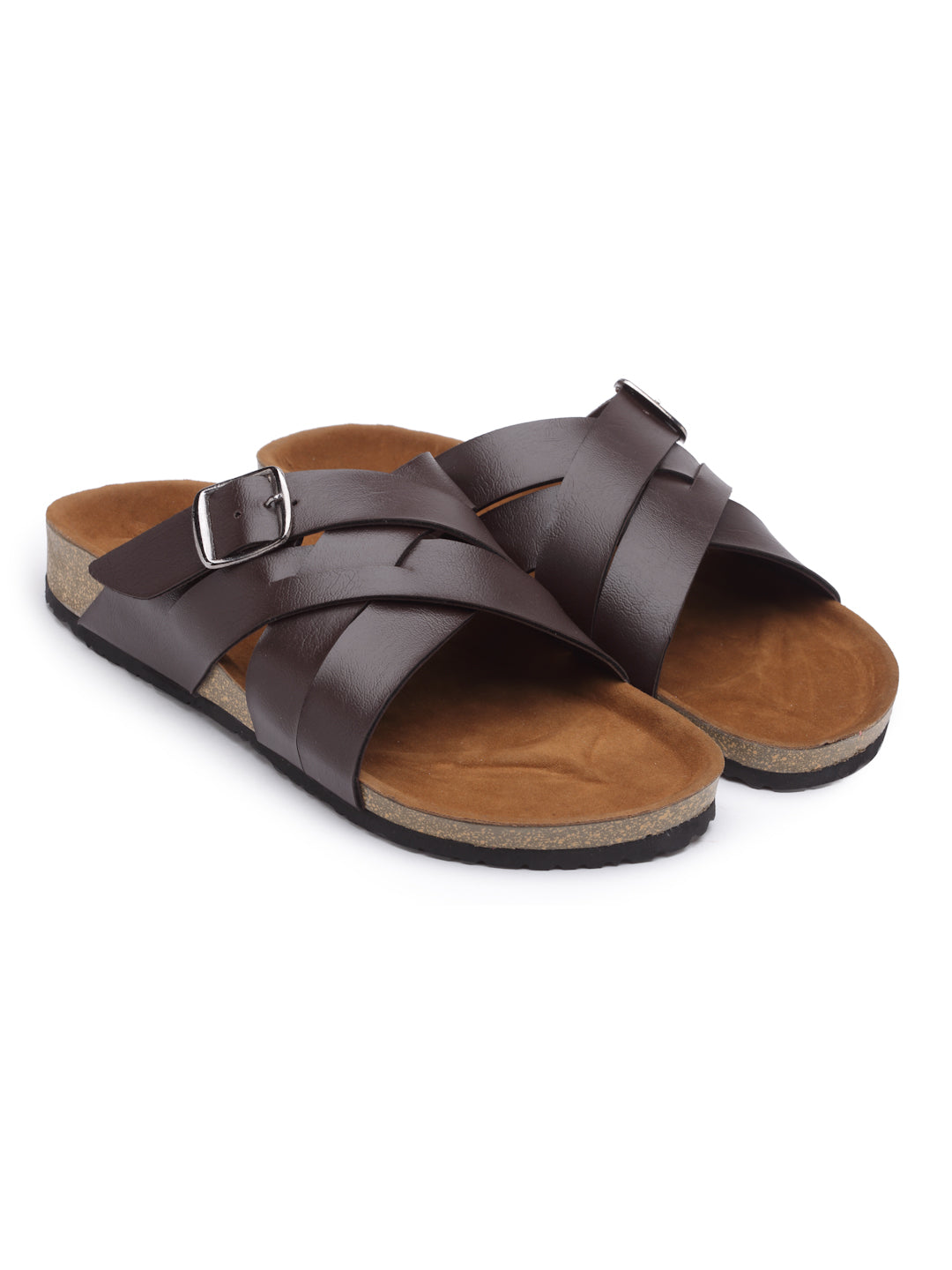 REFOAM Men's Brown Synthetic Leather Slip On Casual Sandals