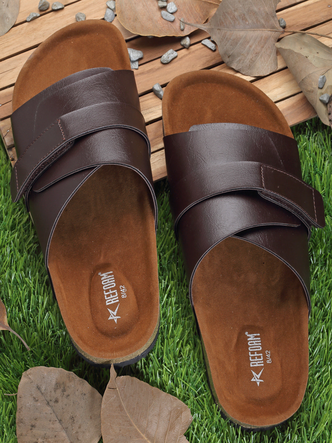 REFOAM Men's Brown Synthetic Leather Slip On Casual Sandals