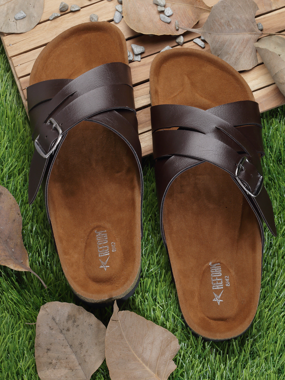 REFOAM Men's Brown Synthetic Leather Slip On Casual Sandals