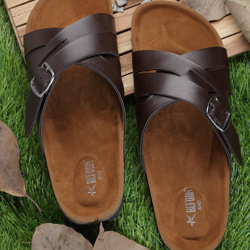 Load image into Gallery viewer, REFOAM Men&#39;s Brown Synthetic Leather Slip On Casual Sandals
