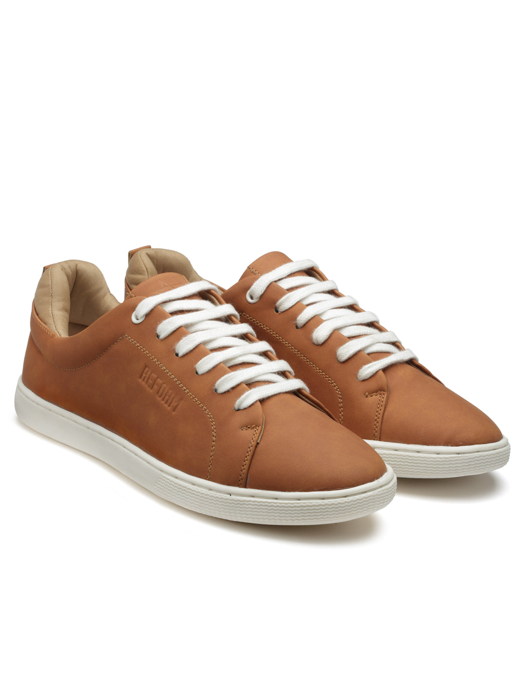 REFOAM Men's Tan Synthetic Leather Lace-Up Casual Sneaker