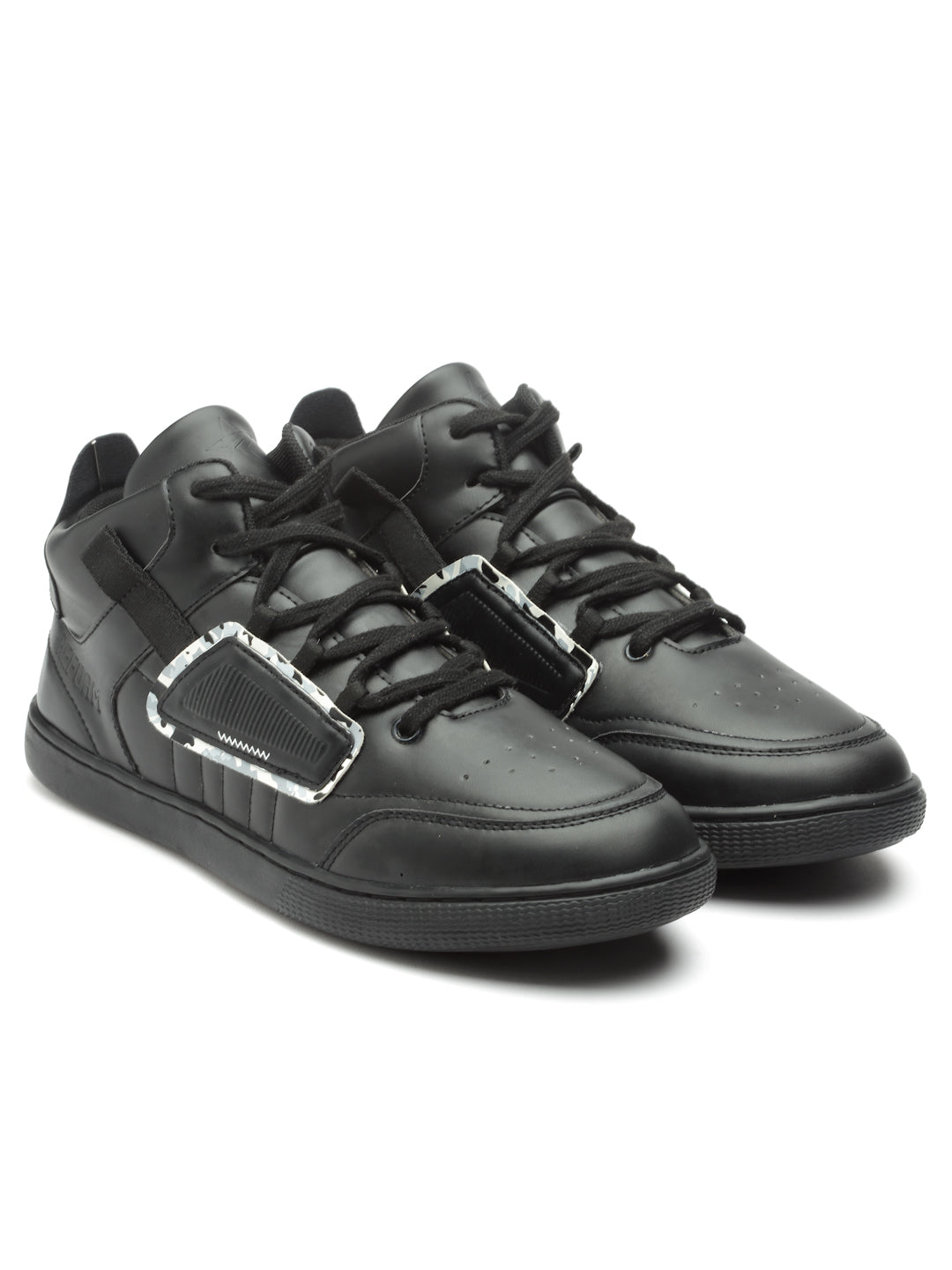 REFOAM Men's Black Synthetic Leather Lace-Up Casual Sneaker