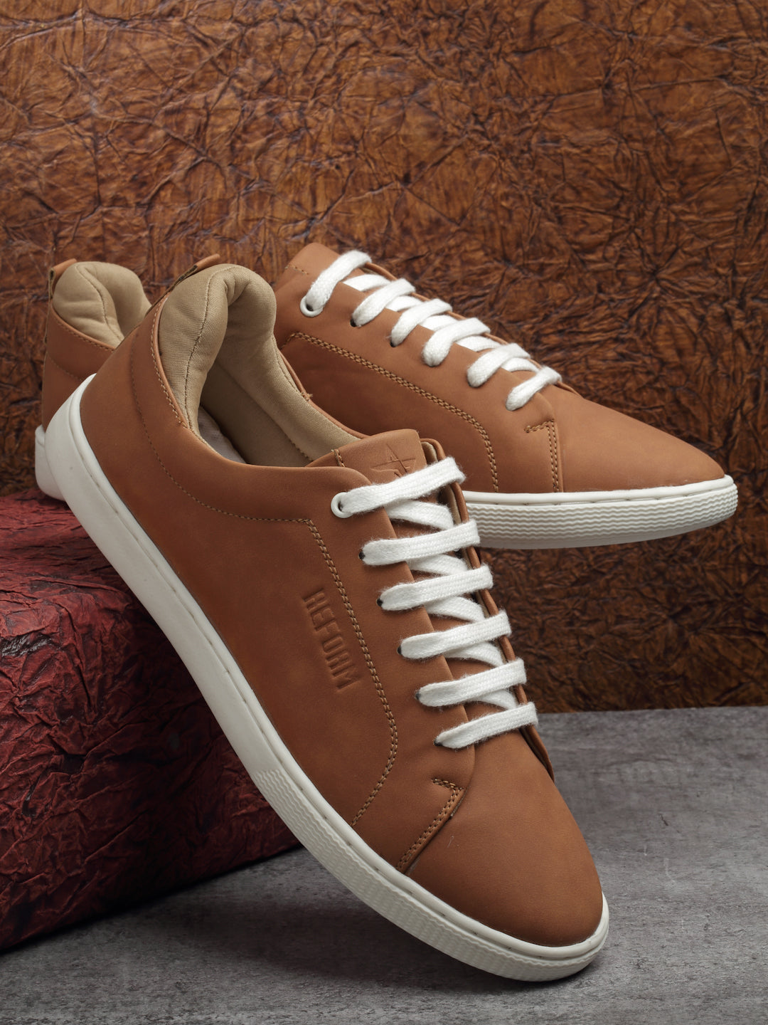 REFOAM Men's Tan Synthetic Leather Lace-Up Casual Sneaker