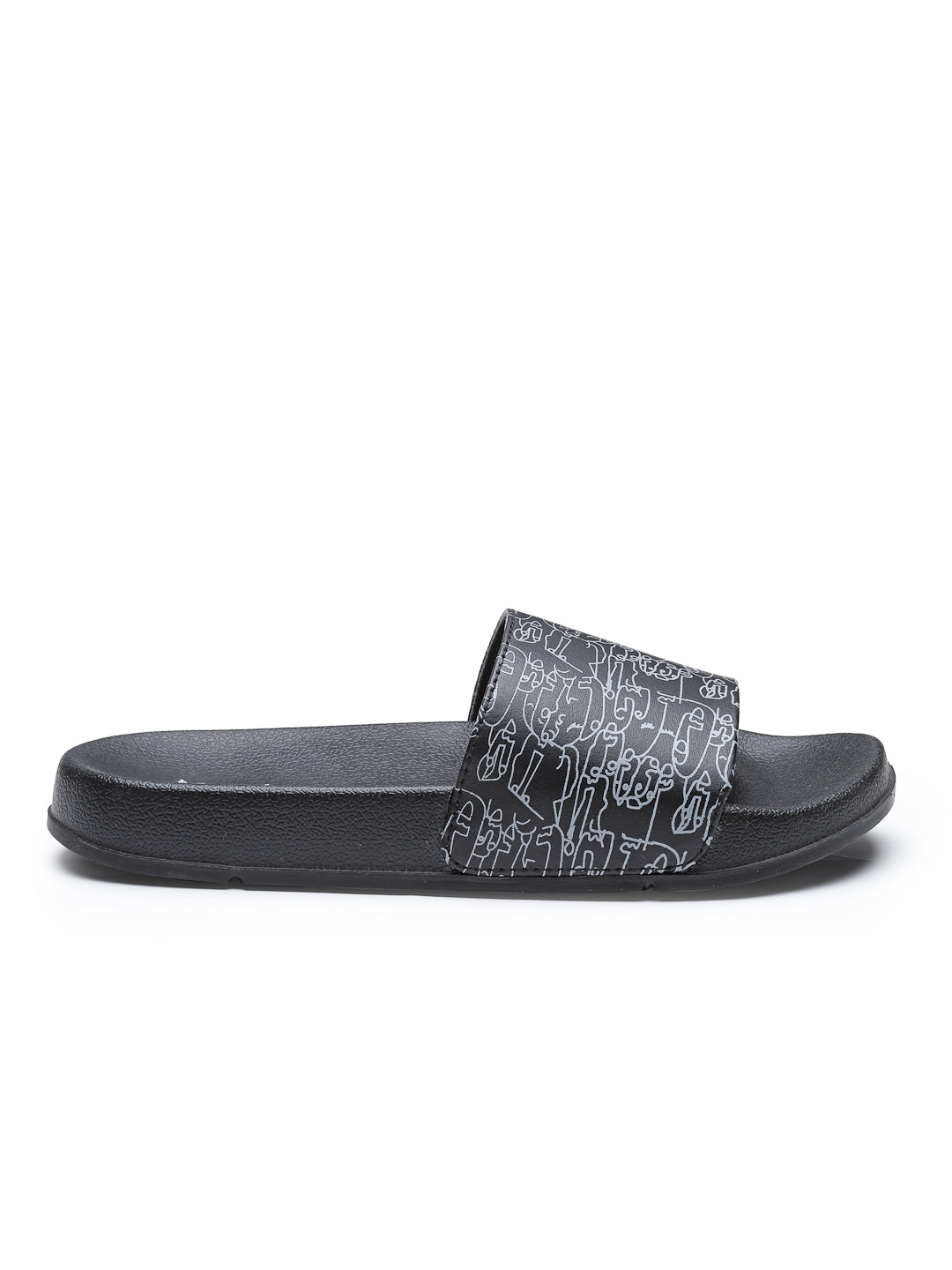 Black Grey Solid  PU Slip-On Sliders For Women