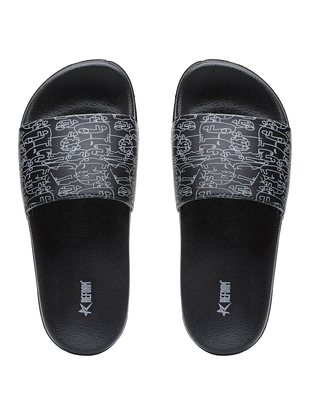 Black Grey Solid  PU Slip-On Sliders For Women