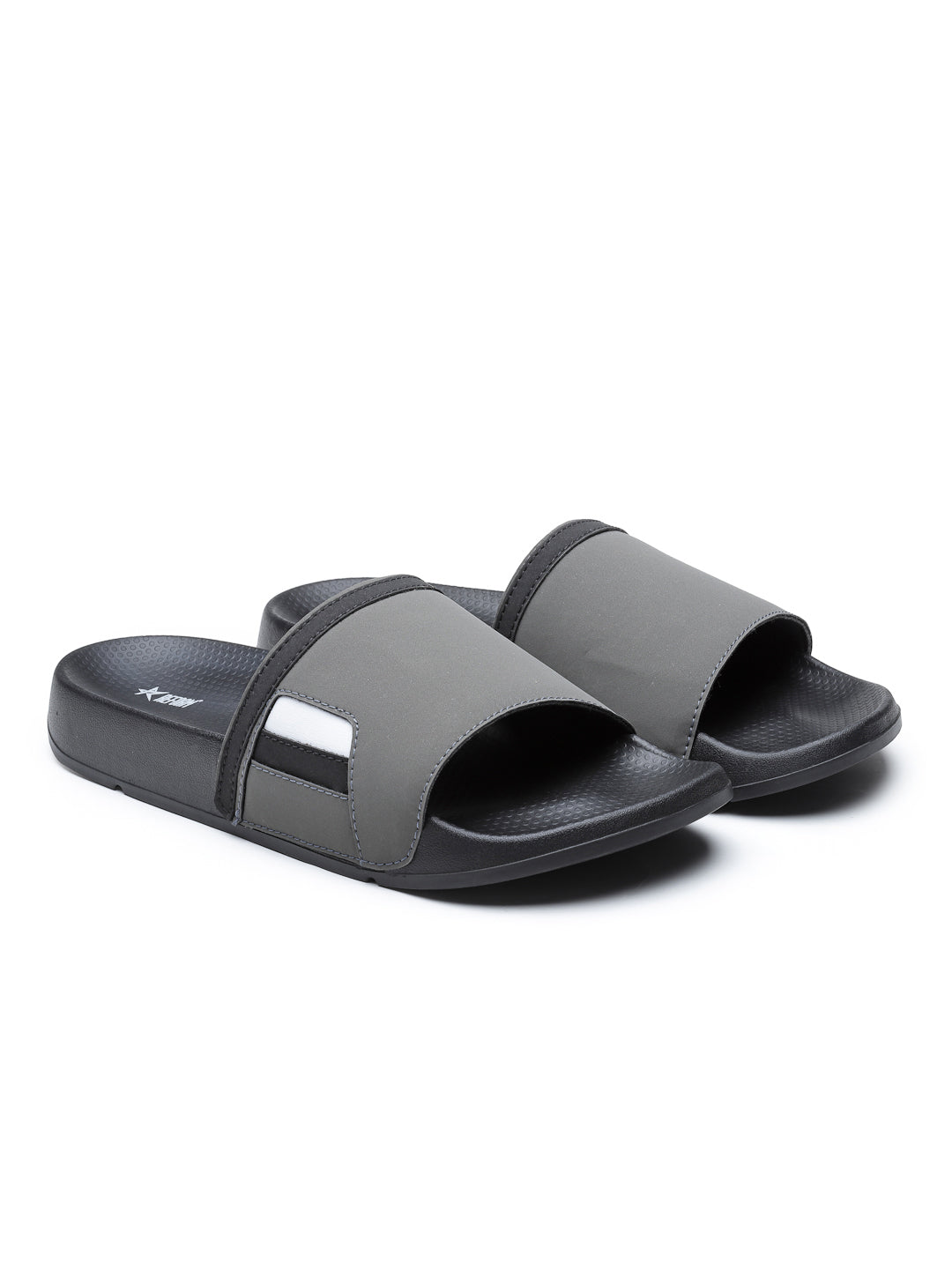 Black Grey Solid  PU Slip-On Sliders For Men