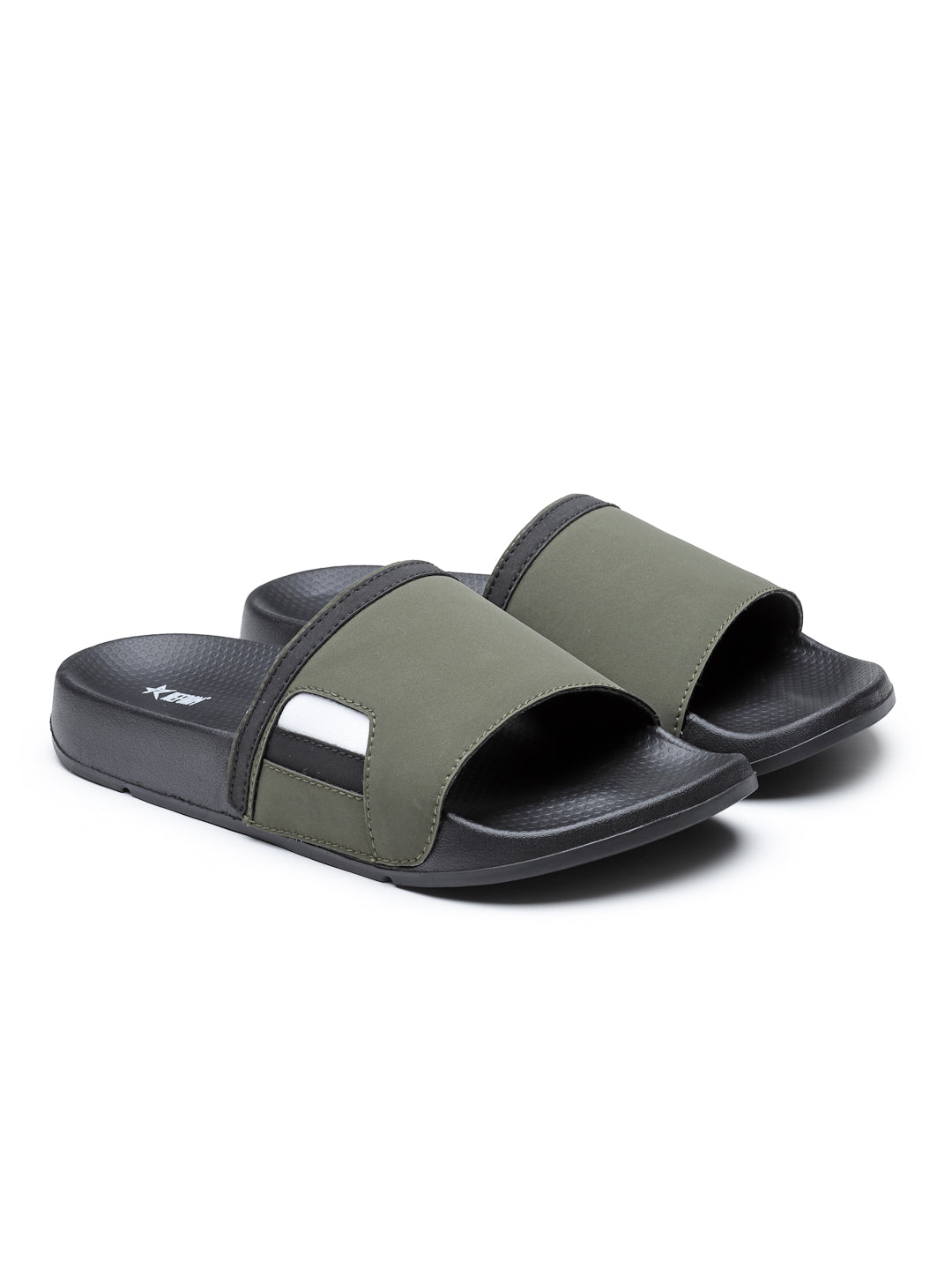 Black Olive Solid  PU Slip-On Sliders For Men