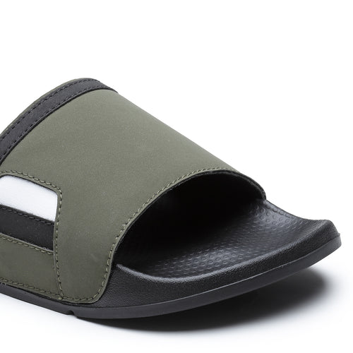 Load image into Gallery viewer, Black Olive Solid  PU Slip-On Sliders For Men
