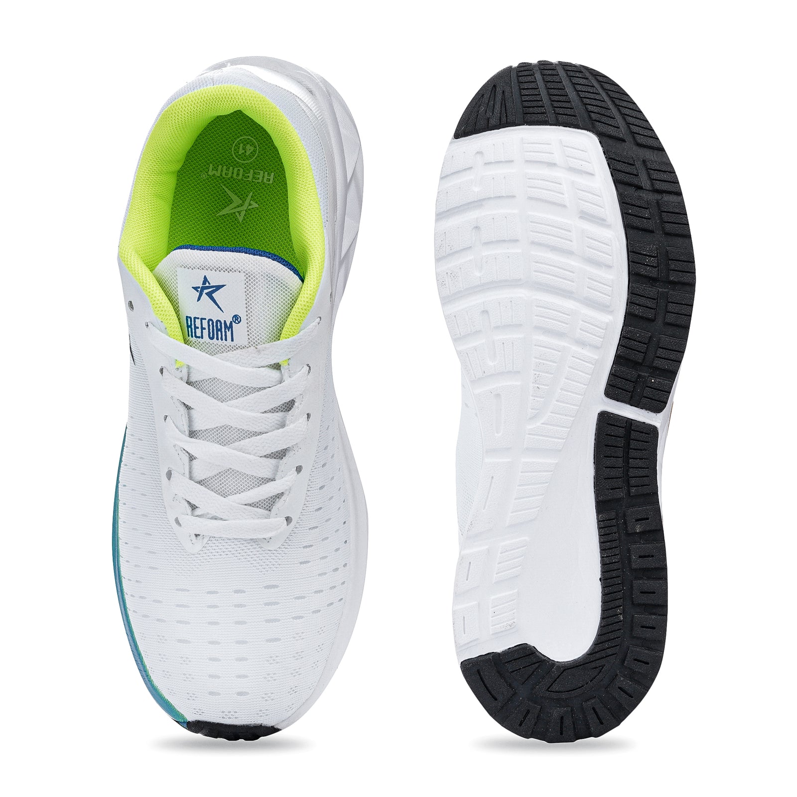 White & Green Solid Mesh Lace Up Sneakers For Men
