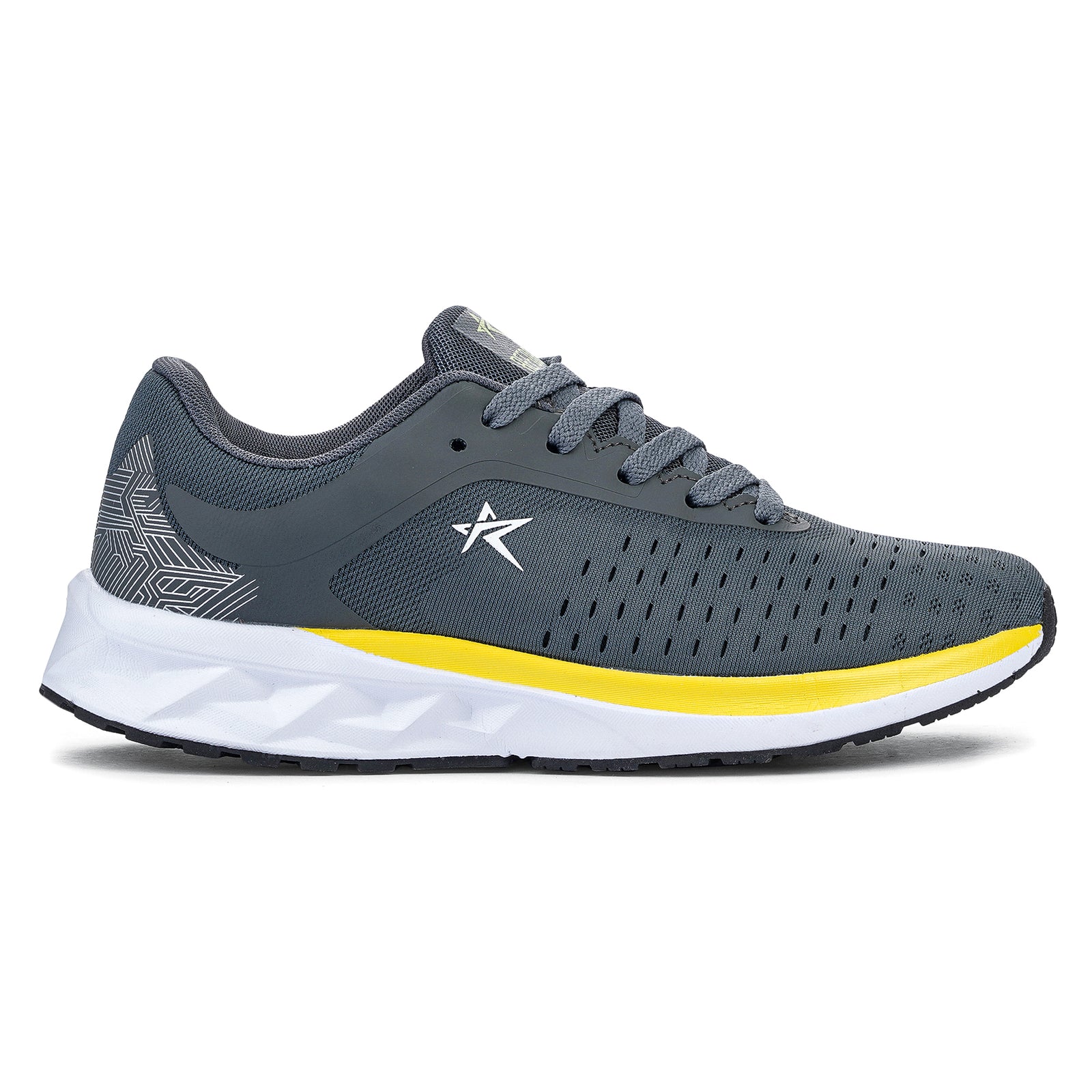 Dark Grey & Yellow Solid Mesh Lace Up Sneakers For Men